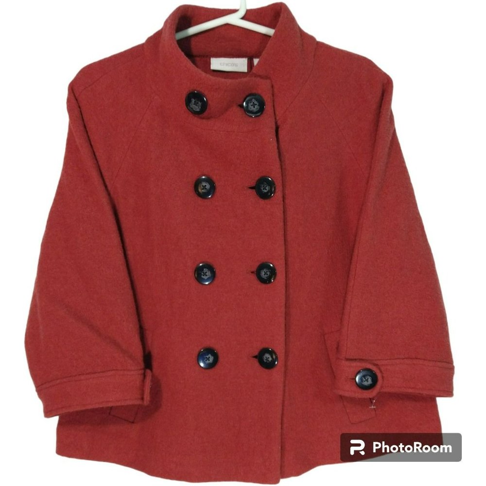 Chicos Orange Rust Boiled Wool Swing Pea Coat Jacket Size 1 Medium